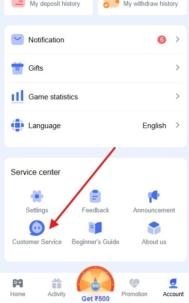 Click on the customer service option